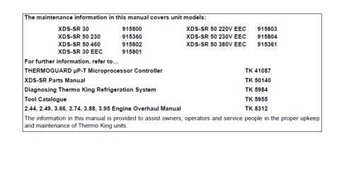 Product picture Thermo King XDS-SR maintenance manual